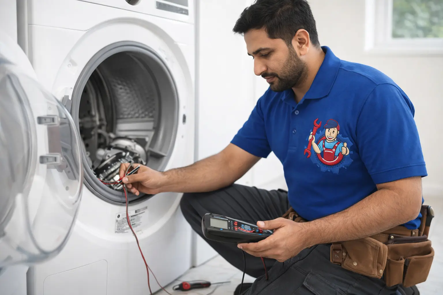 Washing machine repair technician testing internal wiring of a front load washer