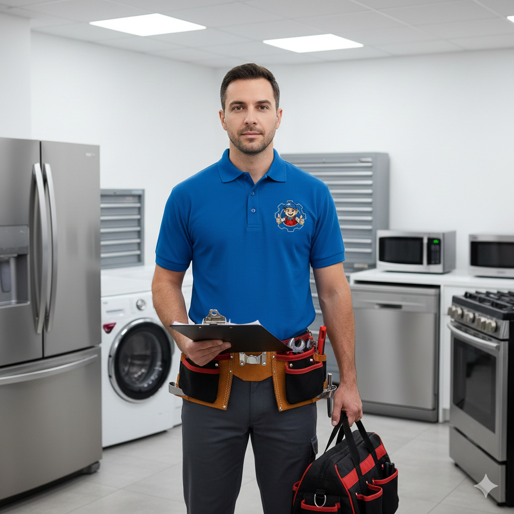 Professional appliance technician standing with tools in a room with home appliances.