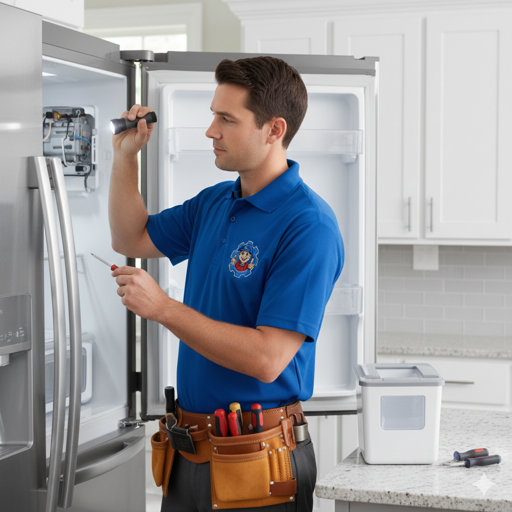 Appliance technician inspecting refrigerator internal system using flashlight and tools.