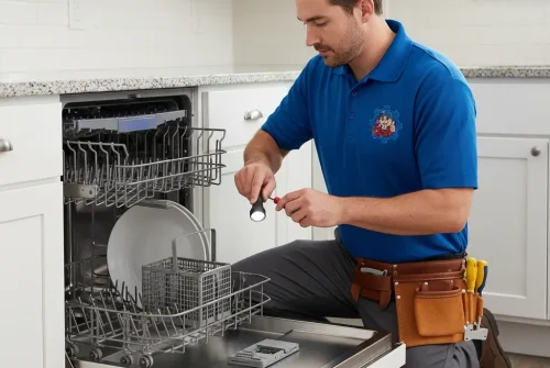 Technician repairing and testing a clothes dryer with electrical tools