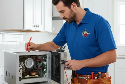 Technician repairing an open microwave using testing tools in a modern kitchen.