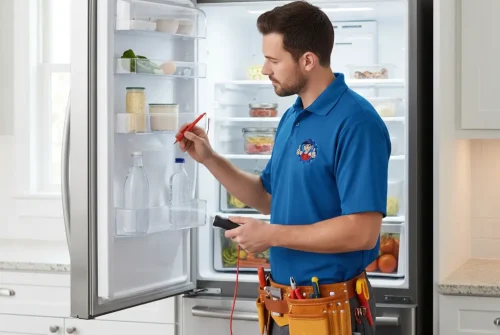 Technician testing refrigerator door components with a multimeter.