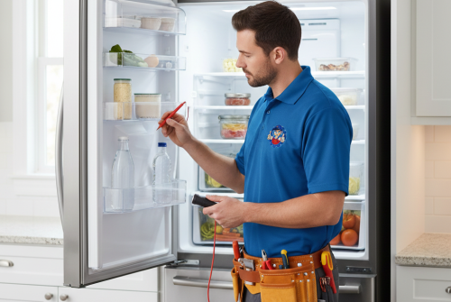 Technician testing refrigerator door components with a multimeter.