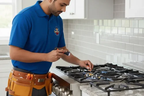 Technician repairing a gas stove burner using tools and flashlight.