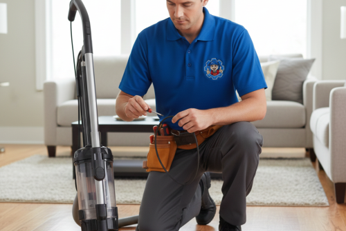 Technician repairing vacuum cleaner parts on a living room floor.
