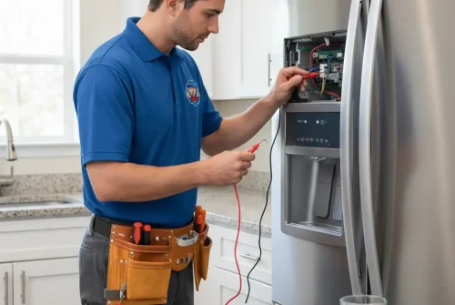 Technician repairing refrigerator wiring and electronic board from rear panel.
