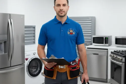 Professional appliance technician standing with tools in a room with home appliances.
