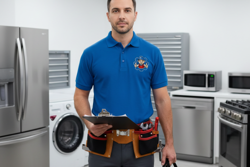 Professional appliance technician standing with tools in a room with home appliances.