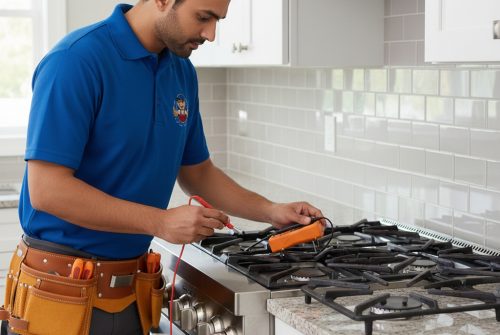 Technician testing gas stove burner system using digital meter.